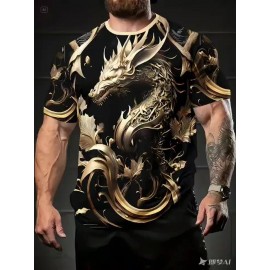 Summer Fashion Golden Dragon Print Short-Sleeved Round Neck T-Shirt - Men's Casual All-Match Outdoor Top