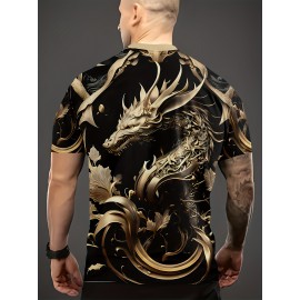 Summer Fashion Golden Dragon Print Short-Sleeved Round Neck T-Shirt - Men's Casual All-Match Outdoor Top