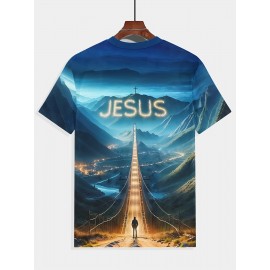 Men'S 3D Jesus Print T-Shirt - Casual Crew Neck, Short Sleeve, Stretch Fabric, Vibrant Mountain Landscape Design with Illuminated Pathway, Perfect for Spring & Summer