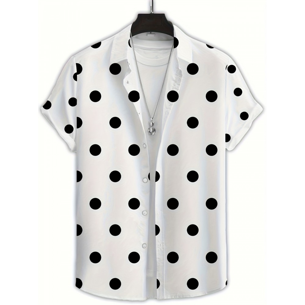 Men'S Casual Short Sleeve Shirt with 3D Black Polka Dot Pattern, Open Collar, Button-Up Front, Lightweight Summer Fabric, Perfect for Casual Attire or Casual Outings, Casual Summer Wear | Polka Dot Shirt | Stylish Button Details, Polka Dot Shirt