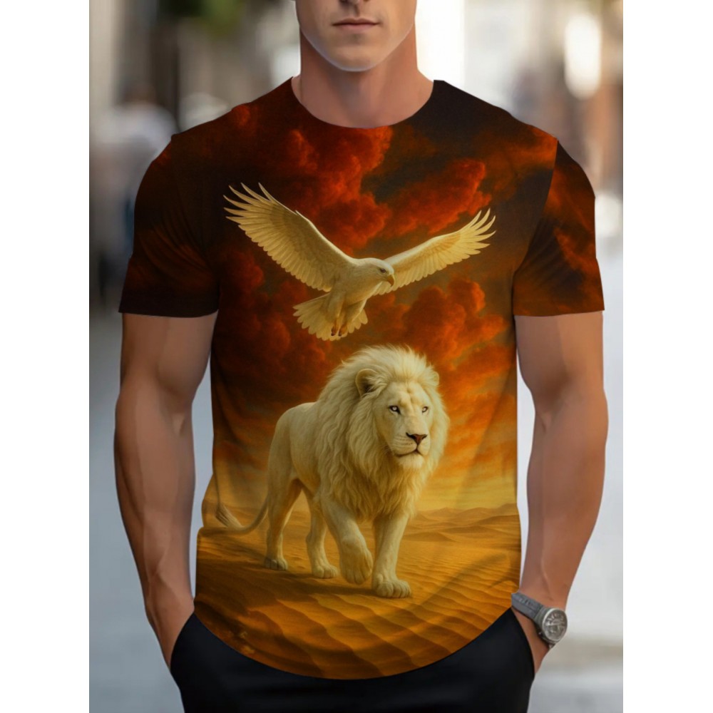 Men'S Lion and Eagle Graphic T-Shirt - Soft, Lightweight, Durable Fabric, Reddish Brown, Casual & Comfortable Fit for All Seasons, Ideal for Casual Attire and Outdoor Activities, Everyday Tshirt | Bold Print Shirt | Lightweight Shirt