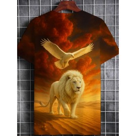 Men'S Lion and Eagle Graphic T-Shirt - Soft, Lightweight, Durable Fabric, Reddish Brown, Casual & Comfortable Fit for All Seasons, Ideal for Casual Attire and Outdoor Activities, Everyday Tshirt | Bold Print Shirt | Lightweight Shirt