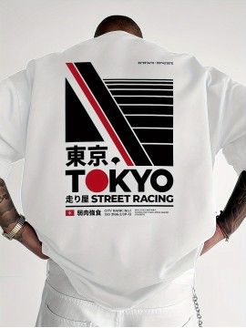 Men's Tokyo Street Racing Graphic T-Shirt - Japanese Text & Stripes Design, Breathable Polyester, Loose Fit Casual Tee for Summer Outdoor Wear, Machine Washable Top | Nontransparent Fabric