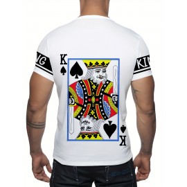 Men'S Royal King of Spades Graphic T-Shirt - White Casual Summer Tee with Black & White Crown Design, Short Sleeve, Round Neck, Polyester Blend, Perfect for Casual Attire & Parties, Party Fashion Top | Bold Print Tee | Stretchable Fabric, Knit