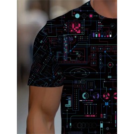 Men's Futuristic Circuit Board Graphic T-Shirt - Sporty Tech-Inspired Design, Vibrant Neon Geometric Print, Breathable Summer Tee, Machine Washable Regular Fit Round Neck, Techthemed Apparel, Comfortable Wear