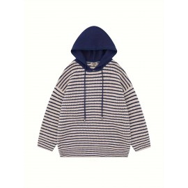 [Polyester Striped Hoodie] 100% Polyester Men's Casual Striped Hoodie - Loose Fit, Crew Neck, Color Block Design, Medium Stretch, Fall/Winter Streetwear Sweatshirt