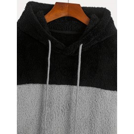 Men's Heavyweight Plush Hoodie - Winter Thermal Pullover Sweatshirt with Kangaroo Pocket, Dark Grey/Black Color Block Hooded Sweater for Cold Weather, Machine Washable Loose Fit Casual Outerwear, Ribbed Cuffs And Hem