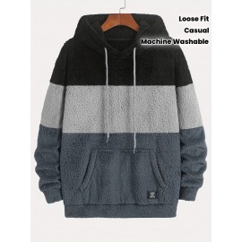 Men's Heavyweight Plush Hoodie - Winter Thermal Pullover Sweatshirt with Kangaroo Pocket, Dark Grey/Black Color Block Hooded Sweater for Cold Weather, Machine Washable Loose Fit Casual Outerwear, Ribbed Cuffs And Hem