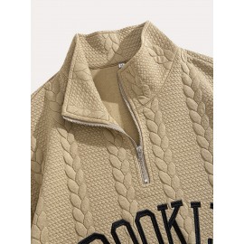 Jacquard Preppy Collared Neck Long Sleeve Embroidered Loose Fit Regular Length Knit Fabric Hoodie