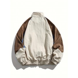 Men's Casual Full-Zip Color Block Jacket, Lightweight Comfy Blouson Jacket For Spring/Fall Outdoor Activity