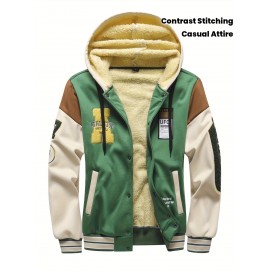 [Cozy Plush Hooded Jacket] Men's Cozy Plush Hooded Jacket | Green & Beige Two-Tone, Contrast Stitching, Letter Embroidery, Zip-Up Front, Long Sleeves, Pockets | Casual Outerwear, Durable Knitwear