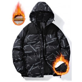 [Windproof Jacket] Warm & Stylish Men's Thick Windproof Hooded Jacket | Large Pockets & Drawstring, Black Polyester, Casual Letter Print Versatile Outerwear, Durable Outerwear