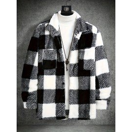 Men'S Cozy Plaid Fleece Jacket - Black & White Checkered Pattern, Loose Fit Winter Coat with Button Front, Long Sleeves, and Fluffy Lining for Fall/Winter, Winter Coat