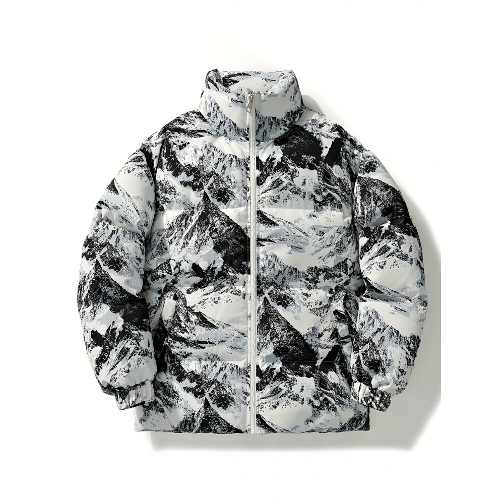 Men'S Retro Vintage Money Print Jacket - Stylish Black & White Patterned Coat with Stand Collar, Zipper Closure, and Pockets for Casual or Daily Wear, Casual Outerwear | Vintage Style Coat | Polyester Fiber Jacket