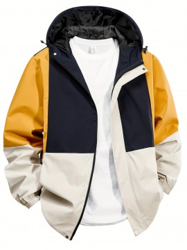 [Casual Hooded Jacket] Durable Polyester Men's Hooded Jacket | Casual Color Block Zip-Up Windbreaker, Machine Washable, Ideal for All Seasons, Windbreaker Jacket, P5
