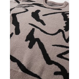 [Men's Geometric Sweater] Xingfan Men's Geometric Print Pullover Sweater | Drop Shoulder Casual Long Sleeve Round Neck Knit Top with Ribbed Detailing, Autumn Winter Warmth, Regular Fit for Casual Attire