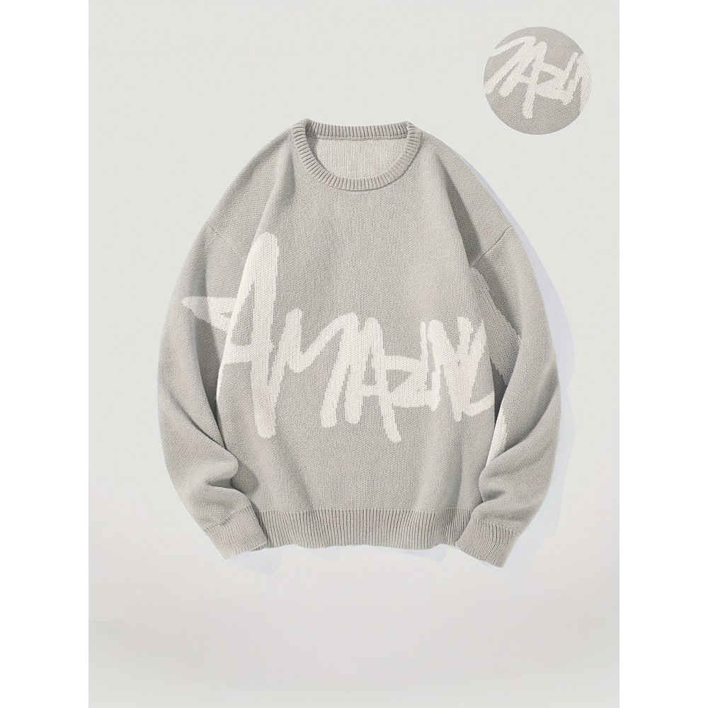 [Winter Streetwear Sweater] Autumn/Winter JNBLDA Men's Streetwear Casual Loose Fit Knit Sweater | Round Neck Long Sleeve Pullover with 'amani' Letter Print, Ribbed Cuffs & Hem