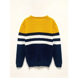 Men'S Casual Striped Sweater - Cozy Knit Pullover with Yellow, White & Navy Blue Horizontal Stripes, Long Sleeve Crew Neck for Fall/Winter, Sweater Vest