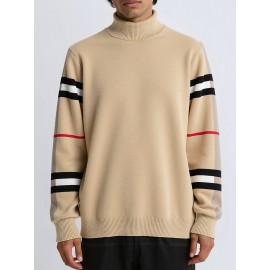 Men'S High-Neck Sweater with Striped Sleeves - Casual Knit Pullover for Fall & Winter, Beige & Black, Skinny Fit, Comfortable Clothing | Casual Style | Knit Construction, Sweater Hoodie