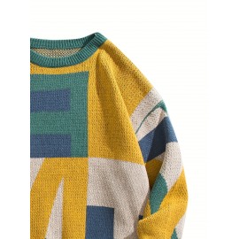 [Winter Sweater] Autumn/Winter Men's Geometric Color Block Sweater | Relaxed Drop Shoulder Fit, Mid-Stretch Fabric, Round Neck & Sleeves, Winter Comfort Clothing, Medium Elasticity Fabric