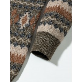 Men's Casual Color-Block Geometric Knit Sweater - Loose Fit Ribbed Detail Pullover, Machine Washable Autumn Winter Warm Crewneck Sweater for Casual Attire, Knitted Sweater, Durable Winter Wear