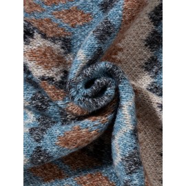 Men's Casual Color-Block Geometric Knit Sweater - Loose Fit Ribbed Detail Pullover, Machine Washable Autumn Winter Warm Crewneck Sweater for Casual Attire, Knitted Sweater, Durable Winter Wear