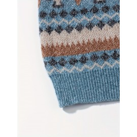 Men's Casual Color-Block Geometric Knit Sweater - Loose Fit Ribbed Detail Pullover, Machine Washable Autumn Winter Warm Crewneck Sweater for Casual Attire, Knitted Sweater, Durable Winter Wear