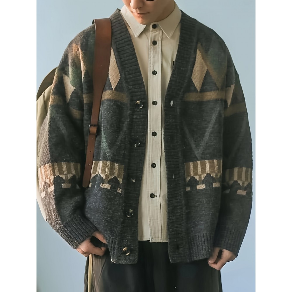 Preppy Geometric-Pattern Knit Cardigan, 80% Acrylic 20% Nylon, V-Neck Long Sleeve Loose-Fit, Slight Stretch, Spring/Fall Season Outerwear