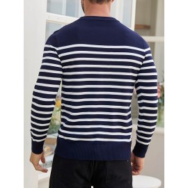 Men'S Casual Striped Knit Sweater - Navy & Vertical Stripes, Long Sleeve Crew Neck, Medium Stretch, Regular Fit for Spring/Fall, Versatile Layering Piece, Spring Fall Apparel | Classic Striped Design | Medium Stretch Fabric