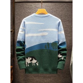 Cozy Fall | Cozy Fall Cow Print Sweater for Men - Casual Long Sleeve, Thick Knit, Acrylic, Crew Neck, Green & Blue Design with Black and White Cow, Perfect for Fall/Winter, Fall Winter Apparel | Playful Design | Acrylic Knitwear