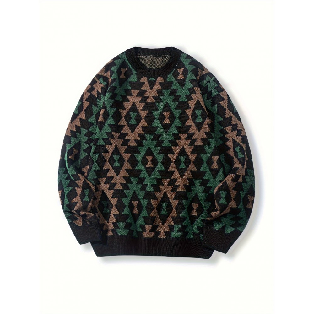 Men's Casual Geometric Pattern Knit Sweater - Asymmetrical Design, Machine Washable, Round Neck, Regular Fit for Autumn/Winter, Brown/Red/Black/White/Gray, Knit Sweater, Winter Warm Top, Autumn Fashion, Relaxed Fashion, Comfortable Wear, Durable Fabric