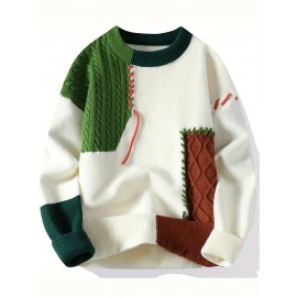 Men'S Cozy Color-Block Knit Sweater - Soft, Warm, and Stylish Crew Neck Pullover with Braided Detail, Perfect for Fall and Winter, Casual Knitwear|Chunky Knit Sweater|Soft Knit Fabric, Thick