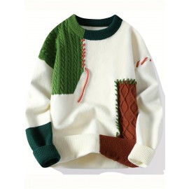 Men'S Cozy Color-Block Knit Sweater - Soft, Warm, and Stylish Crew Neck Pullover with Braided Detail, Perfect for Fall and Winter, Casual Knitwear|Chunky Knit Sweater|Soft Knit Fabric, Thick