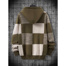 Men's Casual Hooded Color-Block Sweater - Black & Plaid Pattern, Sleeve Pullover with Ribbed Cuffs & Adjustable Drawstring Hood for Spring/Fall Daily Commute & Casual Outings, Sweater Hoodie, Durable Knitwear, Comfortable Fit