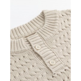 Beige/Blue/Gray/Black/White Men's Thick Winter Knit Sweater - Color Block Stripes, Round Neck Half-Zip Button Detail, Medium Stretch Casual Retro Style Regular Fit Long Sleeve Pullover for Casual Attire, Knit Sweater, Comfortable Fit