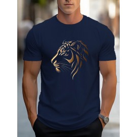 Men'S Stylish Lion Graphic T-Shirt - Brown with Golden Accent Design, Casual Summer Wear, Lightweight Polyester Fabric, Round Neck, Machine Washable, Casual Summer Top|Round Neck Shirt|Polyester Fabric
