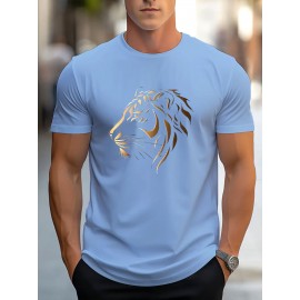 Men'S Stylish Lion Graphic T-Shirt - Brown with Golden Accent Design, Casual Summer Wear, Lightweight Polyester Fabric, Round Neck, Machine Washable, Casual Summer Top|Round Neck Shirt|Polyester Fabric