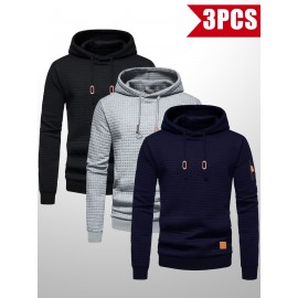 3pcs Men's Casual Waffle Knit Jacquard Hoodie Set - Long Sleeve Pullover with Side Zipper Detail, Perfect for Daily Commute, Outdoor Sports, and Beach Vacations