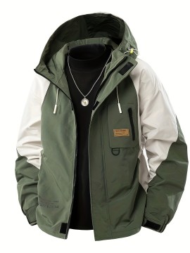 Men's Windproof Hooded Jacket for Spring & Autumn - Lightweight Work Jacket with Zipper Closure, Contrast Color Block Design, Polyester Lining & Pockets - Outdoor Sports, Hiking, Casual Wear