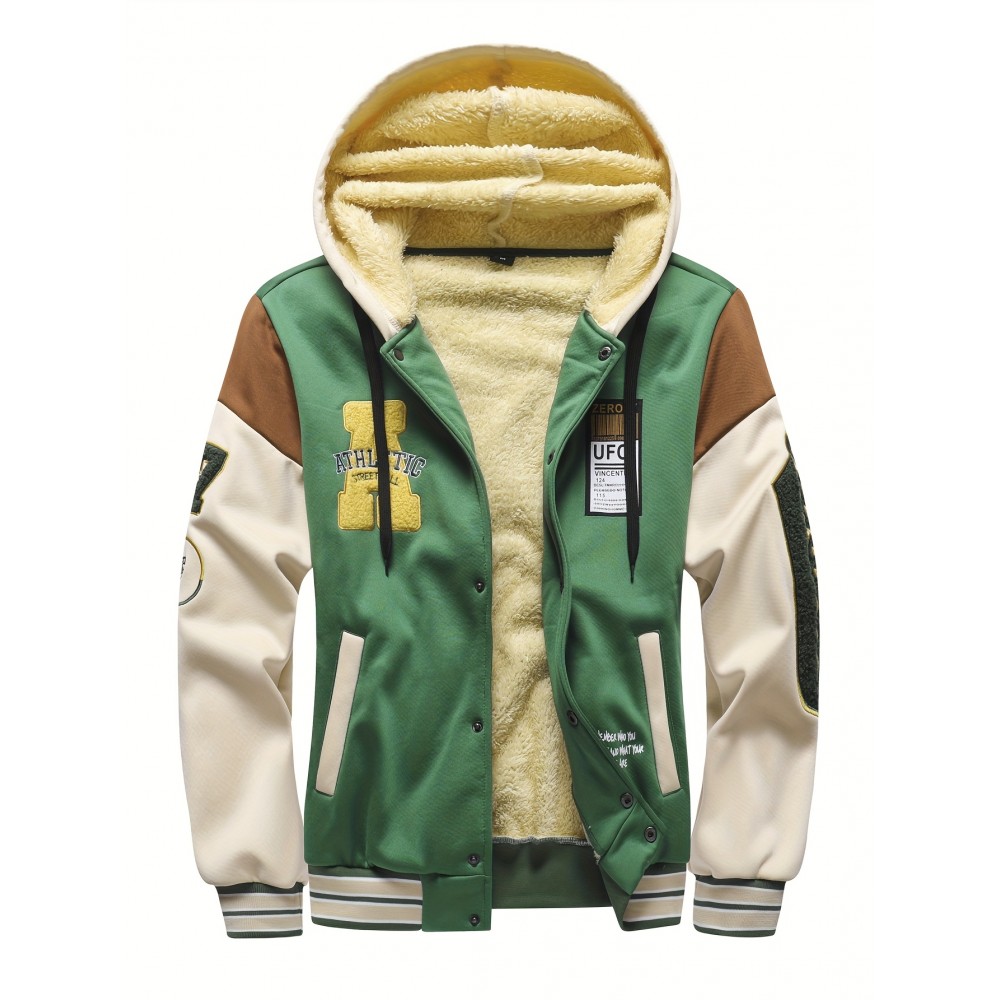 [Cozy Plush Hooded Jacket] Men's Cozy Plush Hooded Jacket | Green & Beige Two-Tone, Contrast Stitching, Letter Embroidery, Zip-Up Front, Long Sleeves, Pockets | Casual Outerwear, Durable Knitwear