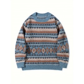 Men's Casual Color-Block Geometric Knit Sweater - Loose Fit Ribbed Detail Pullover, Machine Washable Autumn Winter Warm Crewneck Sweater for Casual Attire, Knitted Sweater, Durable Winter Wear