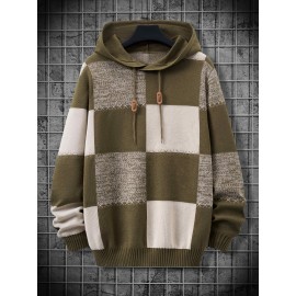 Men's Casual Hooded Color-Block Sweater - Black & Plaid Pattern, Sleeve Pullover with Ribbed Cuffs & Adjustable Drawstring Hood for Spring/Fall Daily Commute & Casual Outings, Sweater Hoodie, Durable Knitwear, Comfortable Fit